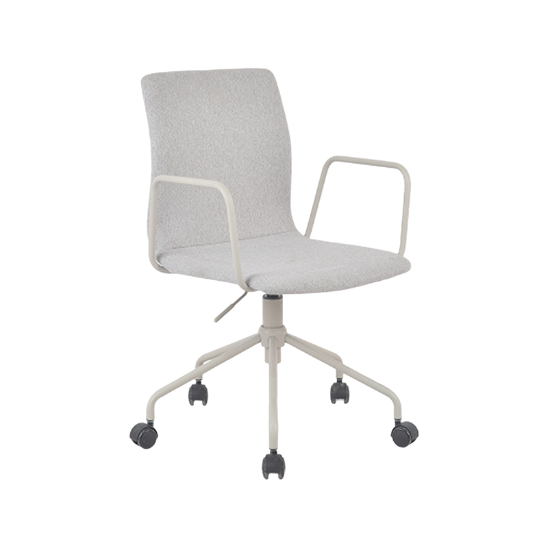 Chaise de travail à profil bas en tissu gris avec cadre en acier et accoudoirs fixes assortis