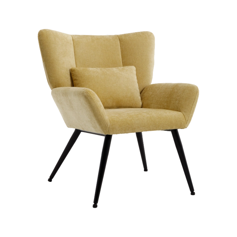 Chaise de salle à manger surdimensionnée aux couleurs vives en tissu jaune moutarde avec pieds en acier noir